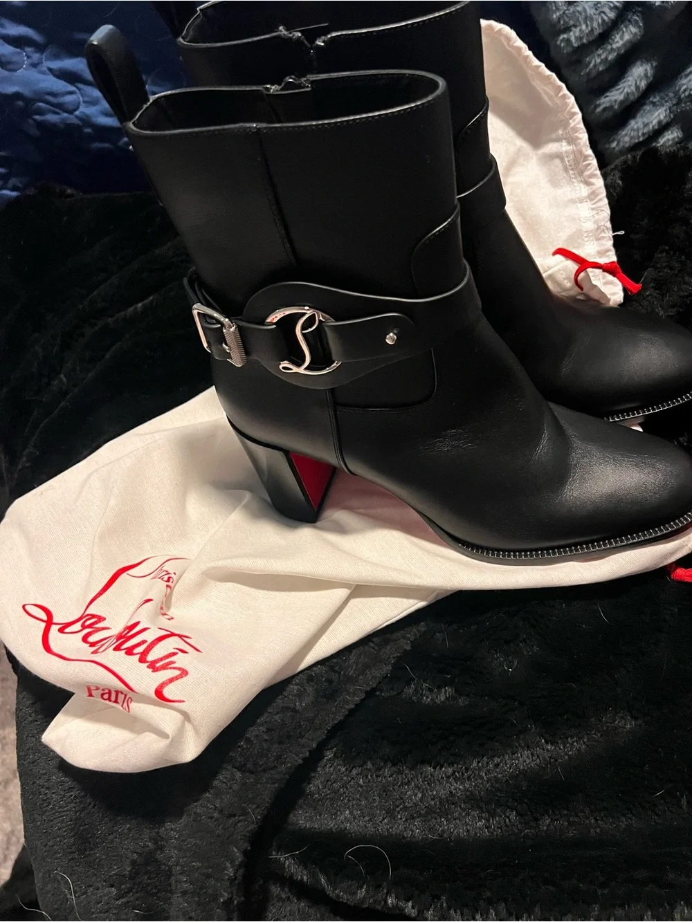 Christian Louboutin Black Leather Mid-Heel Ankle Boots with Red Sole - Picture 5 of 6